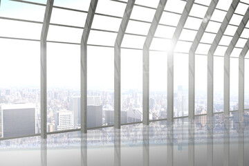 Room with large window looking on city