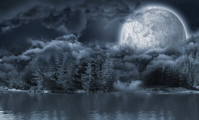 Fototapeta premium Landscape of lakefront hiding the moon 