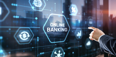 Banking Online Internet Payment Technology. Businessman presses a button Banking