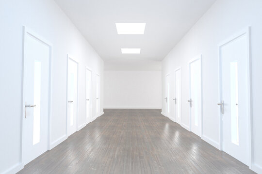 Bright hallway with several doors
