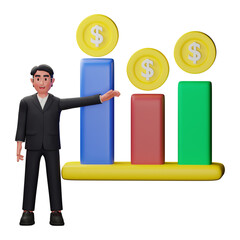 3d character review economic market growth analysis illustration
