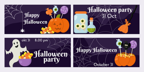 Halloween party set, idea for invitation, poster, banner, flyer or greeting card with themed attributes