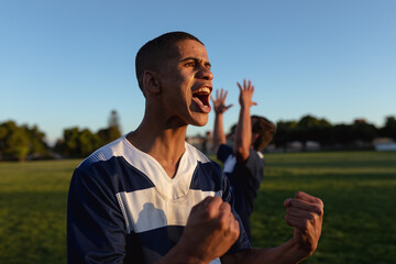 Rugby player happy and screaming during the match