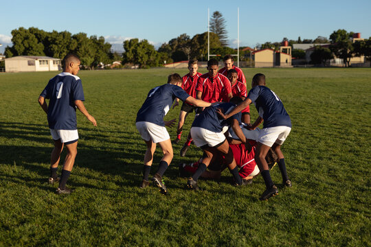 Rugby players in action during a rugby match