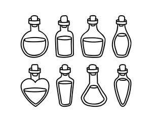 Fototapeta premium A set of doodle flask with magic potion. Hand-drawn bottles of different shapes. Vector illustration