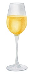Wineglass watercolor illustration. White wine isolated clipart element.