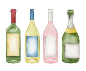 Watercolor wine bottles hand drawn collection. Alcohol bottles clipart elements.