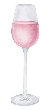 Wineglass watercolor illustration. Rose wine isolated clipart element.