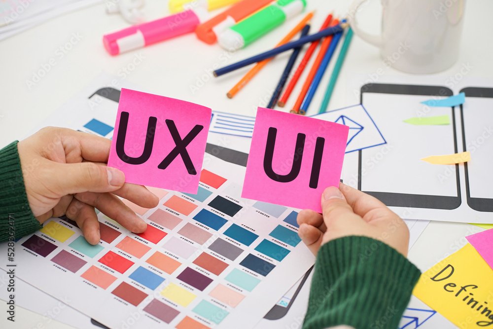 Wall mural creative top view photo of ux ui designer working space. user experience concept.