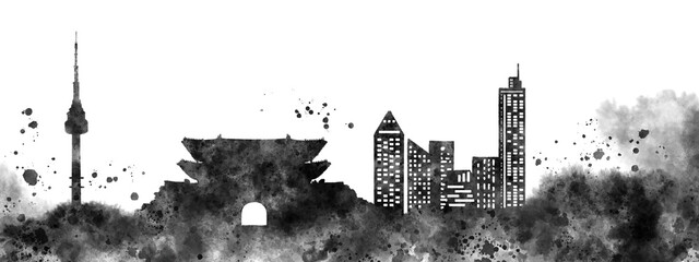 수채화와 수묵화 분위기의 동양 풍경 산수화 디자인 배경 이미지.