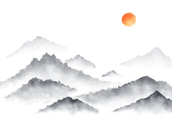 수채화와 수묵화 분위기의 동양 풍경 산수화 디자인 배경 이미지.