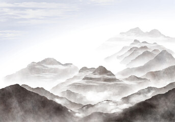 수채화와 수묵화 분위기의 동양 풍경 산수화 디자인 배경 이미지.