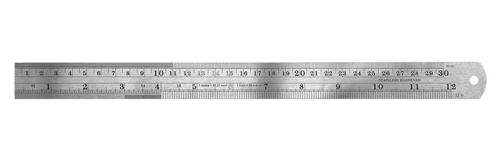 Realistic metal ruler 30 centimeters and metal ruler 12 inches. Measuring tool. School supplies