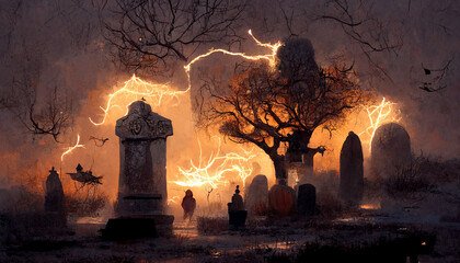 Halloween concept graveyard with thunder painting