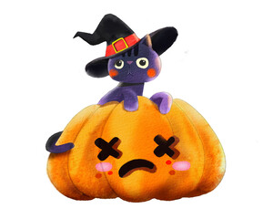 Black cat on pumpkin halloween illustration. Black cat in witch hat, pumpkin