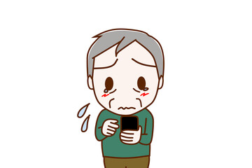 （上半身正面）スマホの画面を見て操作し、涙目になる高齢の男性