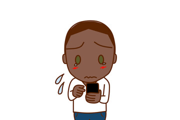 （上半身正面）スマホの画面を見て操作し、涙目になるアフリカ系男性