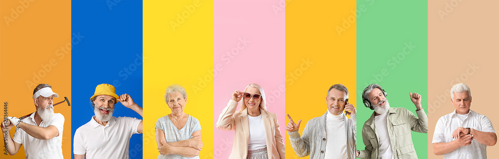 Sticker group of different elderly people on color background