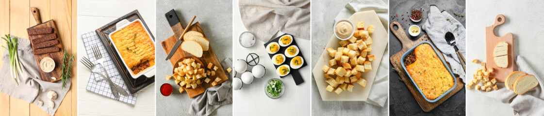 Collage of boards with different food, top view