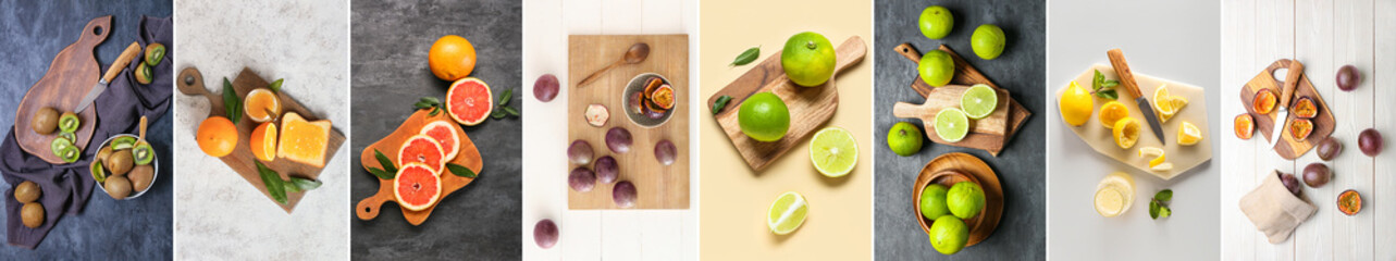 Collage of cutting boards with fresh fruits, top view