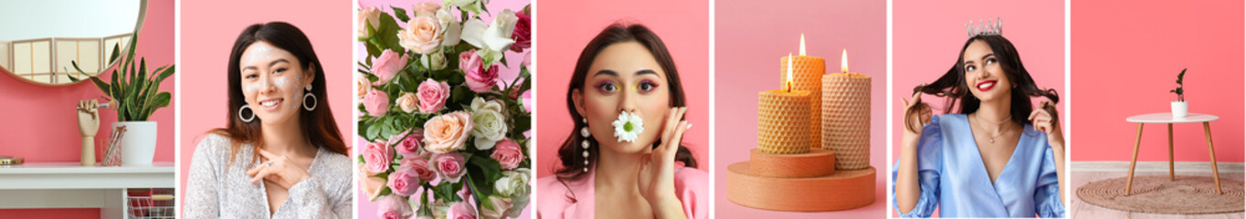 Set of different photos on pink background