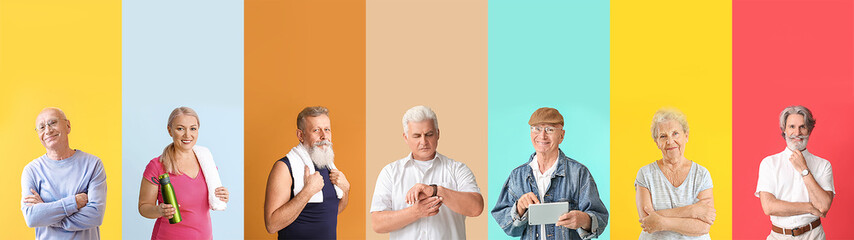 Collection of different elderly people on color background