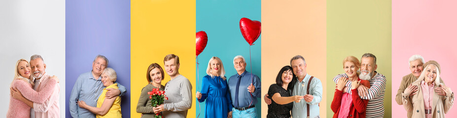 Set of happy mature and elderly couples on colorful background