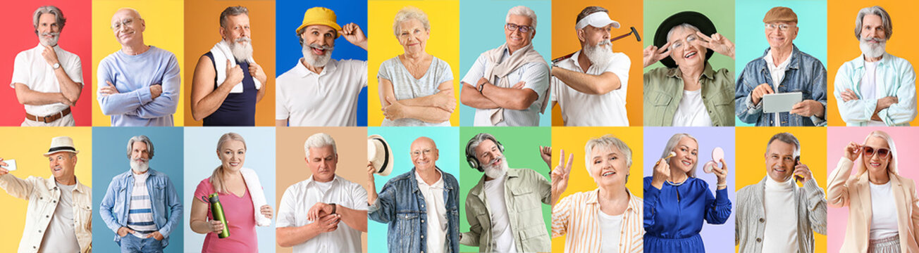 Collage of different elderly people on color background