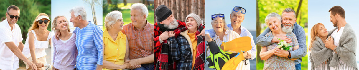Collage with happy mature and elderly couples outdoors