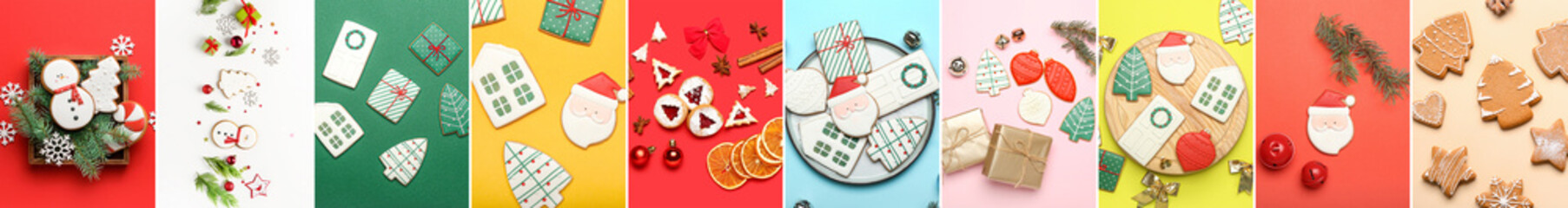 Group of tasty Christmas cookies on color background, top view