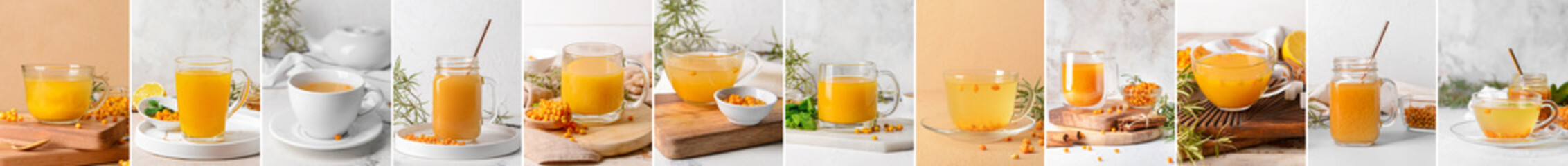 Collage with tasty sea buckthorn tea
