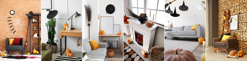 Collage of stylish interiors with Halloween decorations