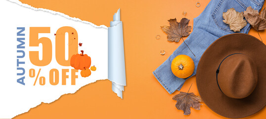 Banner for autumn sale with stylish clothes and accessories