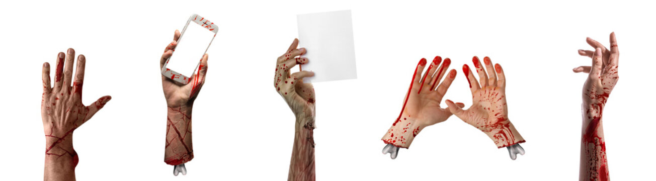 Set of hands covered with blood on white background. Halloween celebration