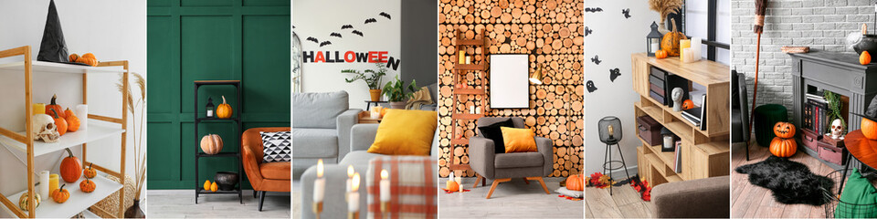 Group of stylish interiors with Halloween decorations
