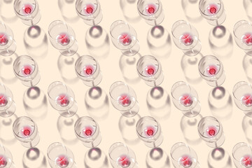 Fototapeta premium Many wineglasses on beige background. Pattern for design