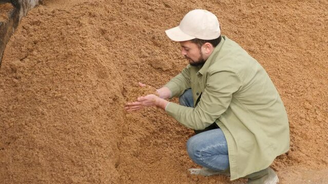 Interested young bearded farmer holding handful of brewers spent grains in open storage area at dairy farm, checking quality of natural livestock feed. High quality 4k footage