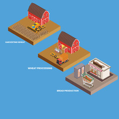 Stages of production of bread from harvesting wheat, wheat processing, bread production isometric 3d flat vector illustration concept for banner, website, landing page, ads, flyer template, etc
