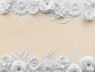 Paper flowers with leaves on light background