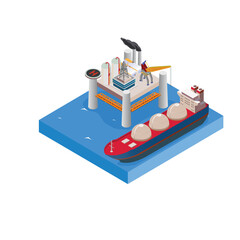 Ship tanker passing to rig drilling platform isometric 3d flat vector illustration concept for banner, website, landing page, ads, flyer template, etc