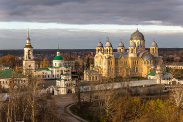 Fototapeta na wymiar Beautiful view of St. Nicholas monastery from the bell tower of Trinity Cathedral. Verhoturye city, Sverdlovsk region, Russia.