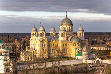 Fototapeta na wymiar Beautiful view of St. Nicholas monastery from the bell tower of Trinity Cathedral. Verhoturye city, Sverdlovsk region, Russia.