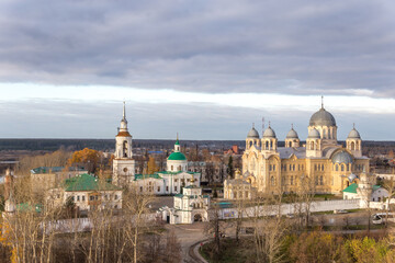 Beautiful view of St. Nicholas monastery from the bell tower of Trinity Cathedral. Verhoturye city, Sverdlovsk region, Russia.