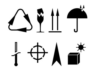 Manipulative signs. Fragile, do not turn over, recycling, do not wet, temperature limits, center of gravity, top, open here, protect from sunlight. Vector icons. Marking marks.