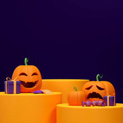 3d rendering image mockup of yellow podium in square with jack o lantern and gift box
