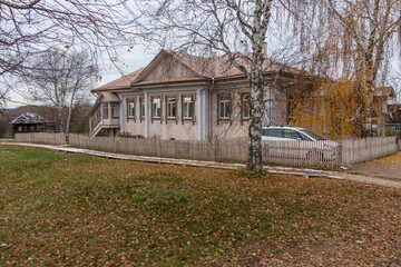 Wooden house in the Merkushino village. Sverdlovsk region, Russia.