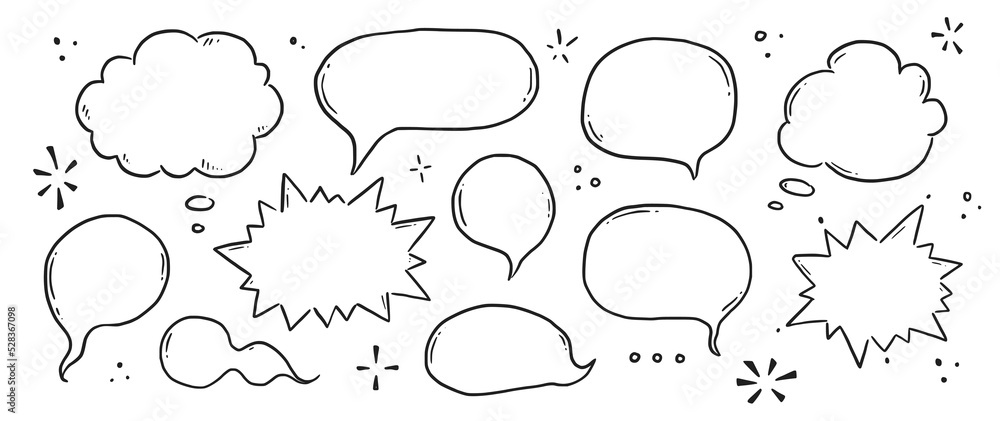 Poster hand drawn speech bubble set. sketch comic doodle style speech bubble for text quote. doodle outline