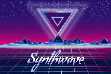 Synthwave retro banner vaporwave aesthetic background. Mountains triangle grid 3d, sunset 80's retrowave