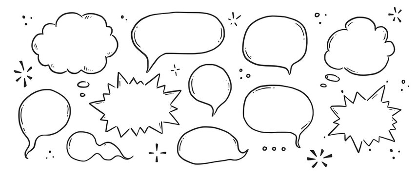 Hand drawn speech bubble set. Sketch comic doodle style speech bubble for text quote. Doodle outline dialog balloon. Vector illustration.