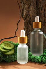 Composition with bottles of essential oil, tree bark and moss on color background, closeup